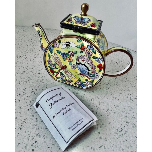 Signed Kelvin Chen Cloisonné Enamel Mini Teapot Butterfly & Dragonfly Design COA - Picture 8 of 11